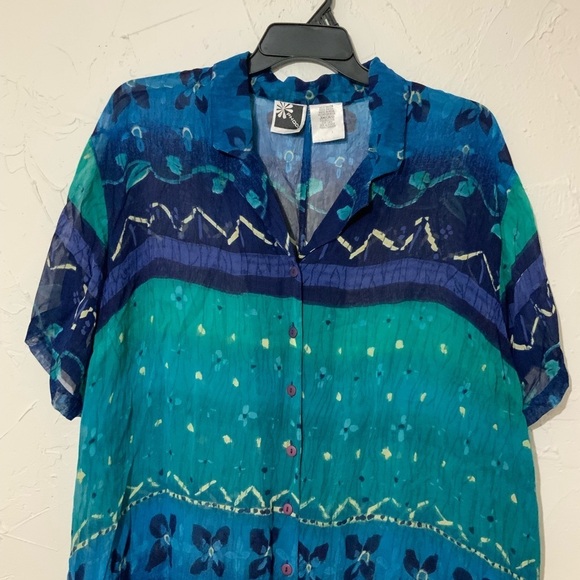 Vintage Phool Women's Plus Sz Button Front Blue Patterned Sheer Blouse/ Tunic 3X - Picture 3 of 8
